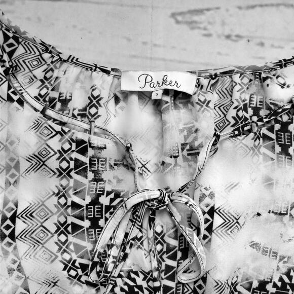 PARKER Maeve Silk Printed Long Sleeve Black and White Abstract Short Dress S - Picture 4 of 8